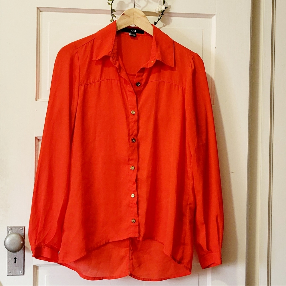 Red Long Sleeve Button Up Collared Blouse